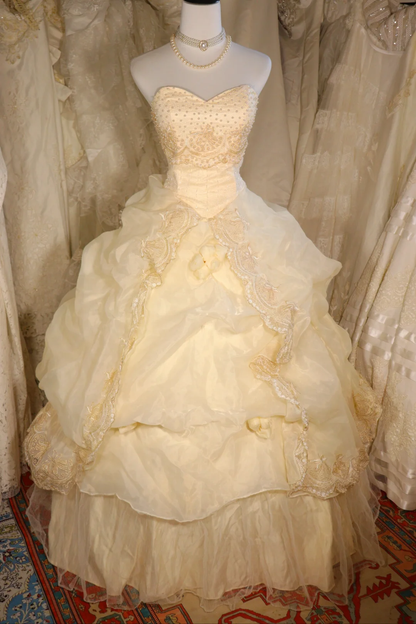 Stunning Ball Gown Sweetheart Pastel Yellow Satin Chiffon Beaded Long Prom Dress, Party Dress, Evening Dress GG2550