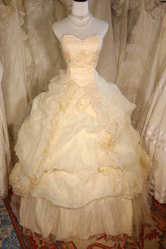 Stunning Ball Gown Sweetheart Pastel Yellow Satin Chiffon Beaded Long Prom Dress, Party Dress, Evening Dress GG2550