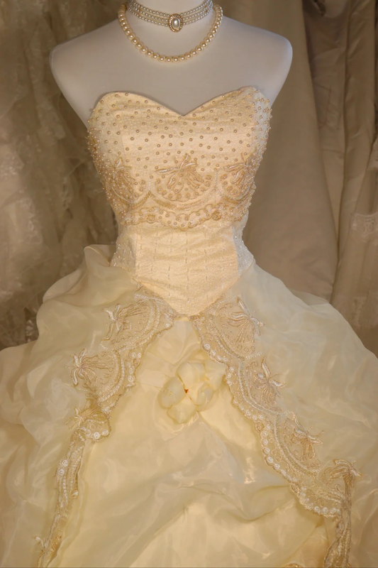 Stunning Ball Gown Sweetheart Pastel Yellow Satin Chiffon Beaded Long Prom Dress, Party Dress, Evening Dress GG2550