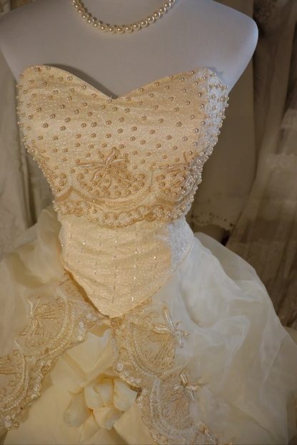 Stunning Ball Gown Sweetheart Pastel Yellow Satin Chiffon Beaded Long Prom Dress, Party Dress, Evening Dress GG2550