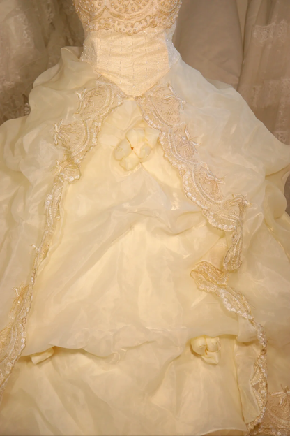Stunning Ball Gown Sweetheart Pastel Yellow Satin Chiffon Beaded Long Prom Dress, Party Dress, Evening Dress GG2550