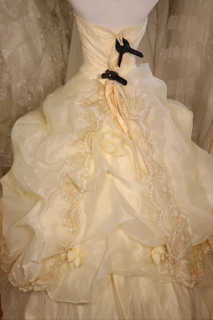 Stunning Ball Gown Sweetheart Pastel Yellow Satin Chiffon Beaded Long Prom Dress, Party Dress, Evening Dress GG2550