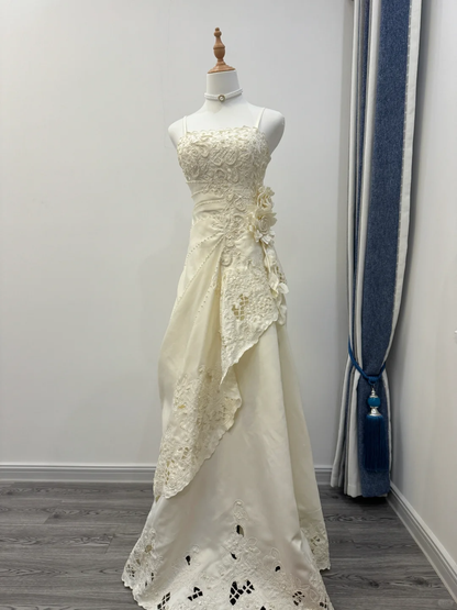 Classy A Line Spaghetti Straps Satin Applique Long Prom Dress, Party Dress, Evening Dress GG2568