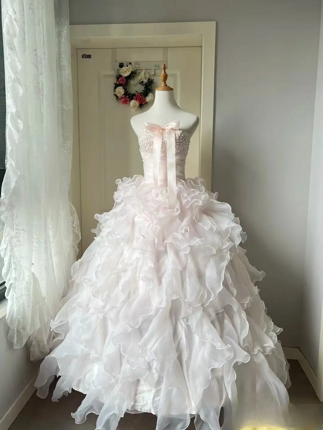 Princessful Ball Gown Strapless Light Pink Chiffon Beaded Long Prom Dress, Party Dress, Evening Dress GG2571