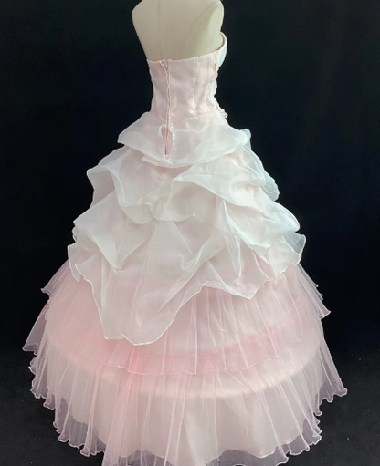Lovely Ball Gown Strapless Light Pink Satin Tulle Applique Long Prom Dress, Party Dress, Evening Dress GG2572