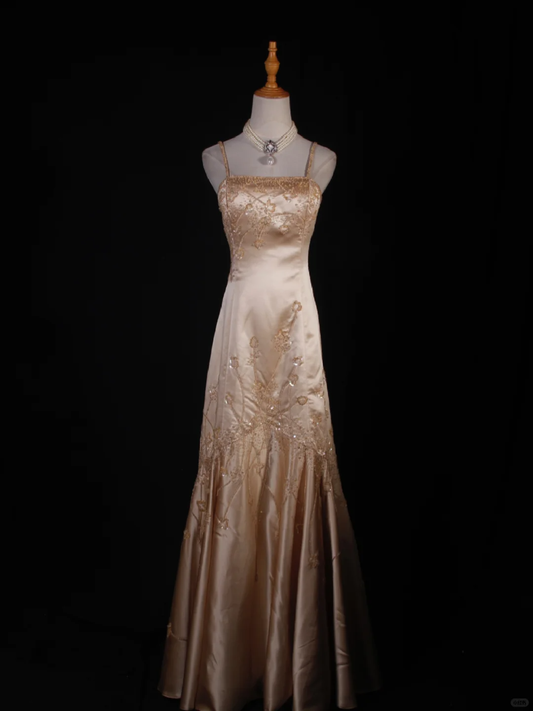 Gorgeous Mermaid Spaghetti Straps Champagne Satin Sequin Beaded Long Prom Dress, Party Dress, Evening Dress GG2573