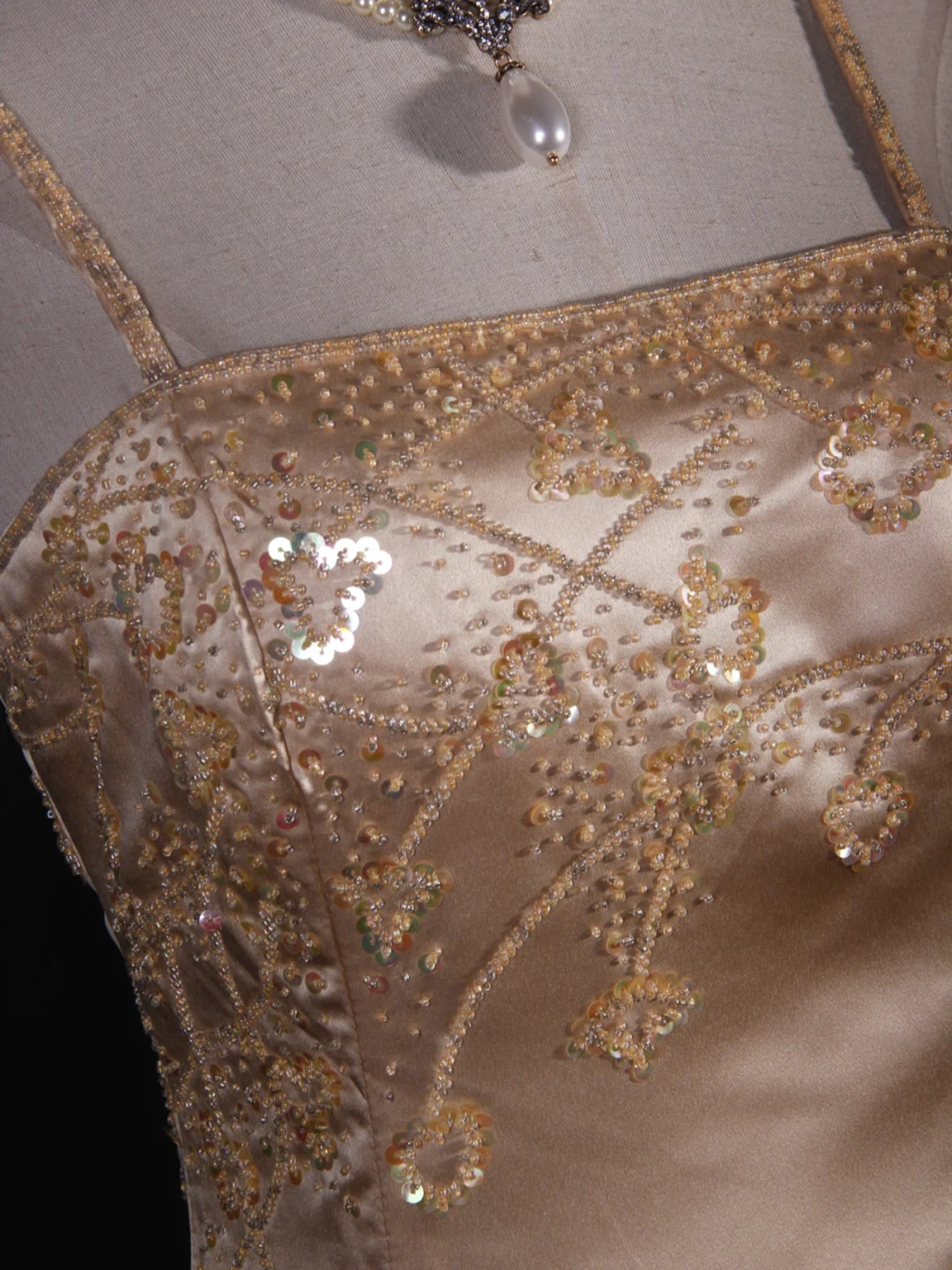 Gorgeous Mermaid Spaghetti Straps Champagne Satin Sequin Beaded Long Prom Dress, Party Dress, Evening Dress GG2573