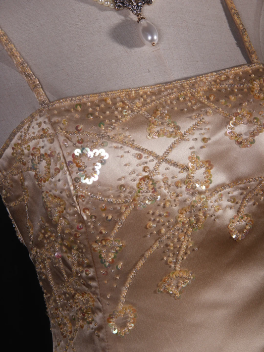 Gorgeous Mermaid Spaghetti Straps Champagne Satin Sequin Beaded Long Prom Dress, Party Dress, Evening Dress GG2573