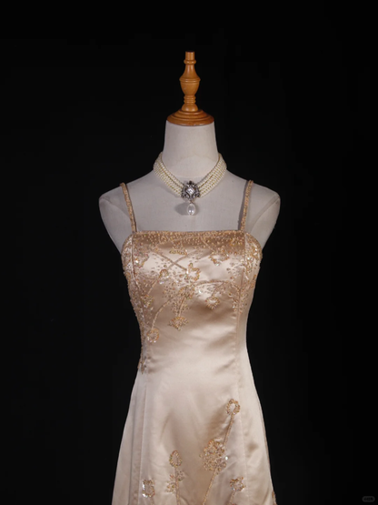 Gorgeous Mermaid Spaghetti Straps Champagne Satin Sequin Beaded Long Prom Dress, Party Dress, Evening Dress GG2573