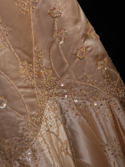 Gorgeous Mermaid Spaghetti Straps Champagne Satin Sequin Beaded Long Prom Dress, Party Dress, Evening Dress GG2573