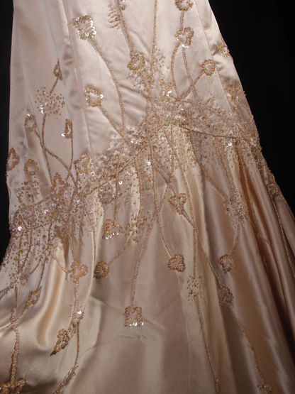 Gorgeous Mermaid Spaghetti Straps Champagne Satin Sequin Beaded Long Prom Dress, Party Dress, Evening Dress GG2573