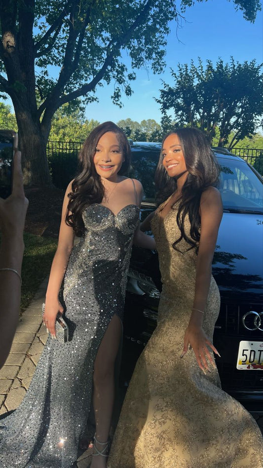 Glitter Mermaid Spaghetti Straps Gray Satin Sequin Beaded Slit Long Prom Dress, Party Dress, Evening Dress GG2575