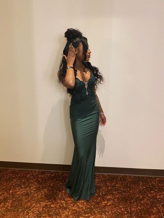 Classy Mermaid Dark Green Satin Applique Long Prom Dress, Party Dress, Evening Dress GG2576