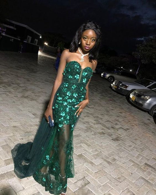 Elegant Mermaid Strapless Dark Green Tulle Applique Long Prom Dress, Party Dress, Evening Dress GG2577