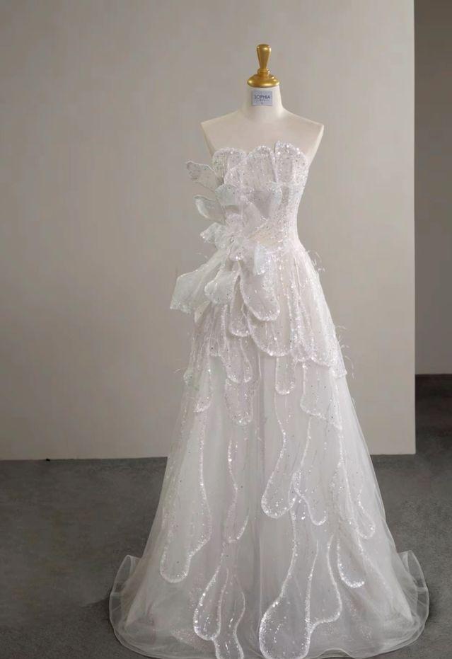 Elegant A Line Strapless White Beading Sequin Tulle Long Prom Dress,Evening Dresses  GG258