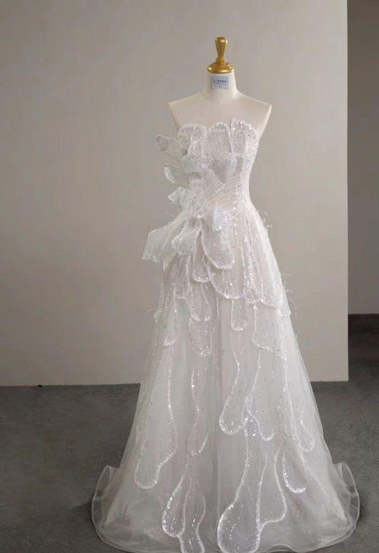 Elegant A Line Strapless White Beading Sequin Tulle Long Prom Dress,Evening Dresses  GG258