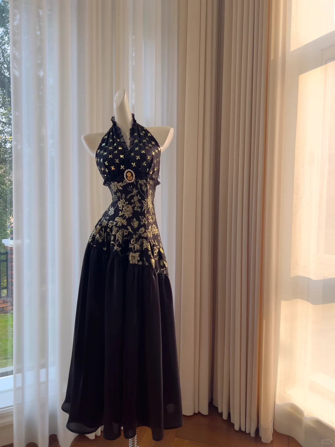 Delicate A Line Halter Satin Chiffon Lace Long Prom Dress, Party Dress, Evening Dress GG2581