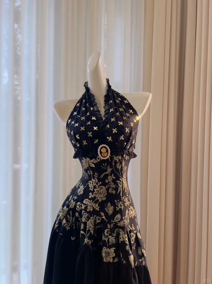 Delicate A Line Halter Satin Chiffon Lace Long Prom Dress, Party Dress, Evening Dress GG2581