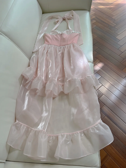 Cute A Line Halter Pink Satin Chiffon High-Low Long Prom Dress, Party Dress, Evening Dress GG2582