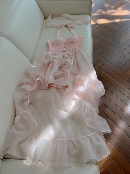 Cute A Line Halter Pink Satin Chiffon High-Low Long Prom Dress, Party Dress, Evening Dress GG2582