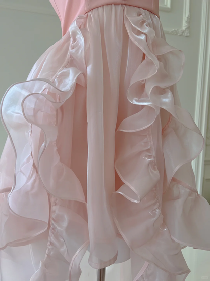 Cute A Line Halter Pink Satin Chiffon High-Low Long Prom Dress, Party Dress, Evening Dress GG2582