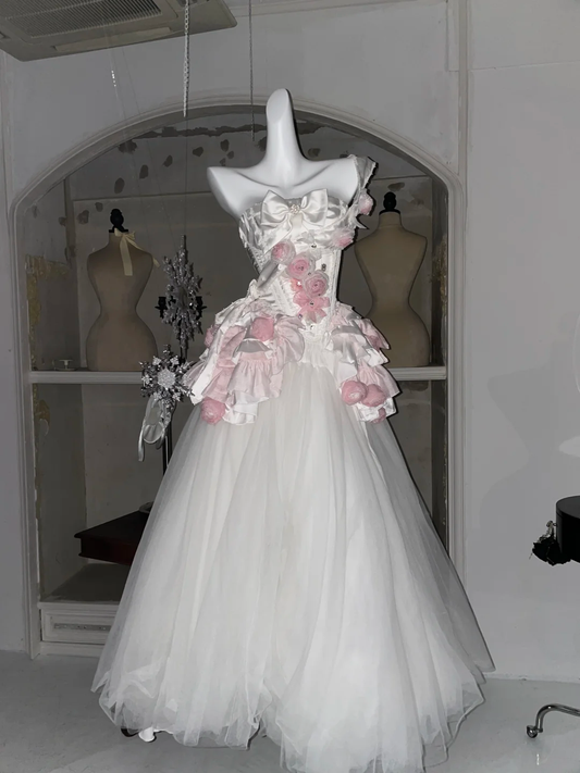 Gorgeous A Line One Shoulder Satin Tulle Flowers Long Prom Dress, Party Dress, Evening Dress GG2586