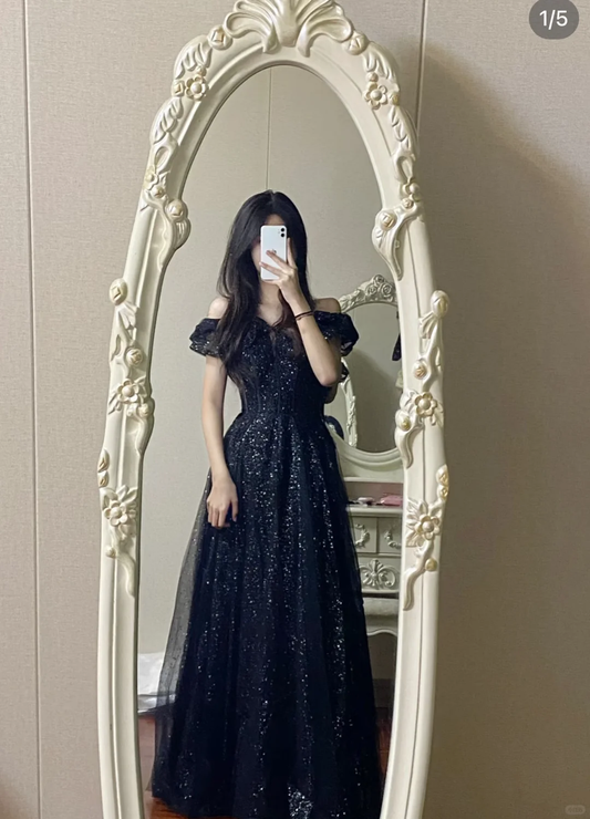 Glitter Black A Line Off The Shoulder Tulle Sequin Long Prom Dress, Party Dress, Evening Dress GG2588