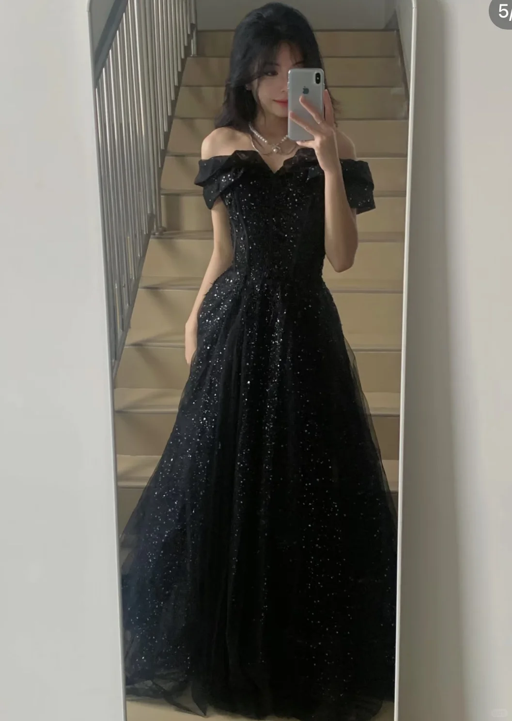 Glitter Black A Line Off The Shoulder Tulle Sequin Long Prom Dress, Party Dress, Evening Dress GG2588