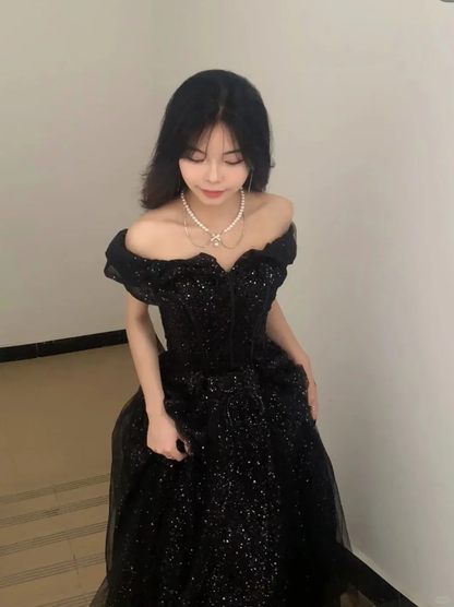 Glitter Black A Line Off The Shoulder Tulle Sequin Long Prom Dress, Party Dress, Evening Dress GG2588