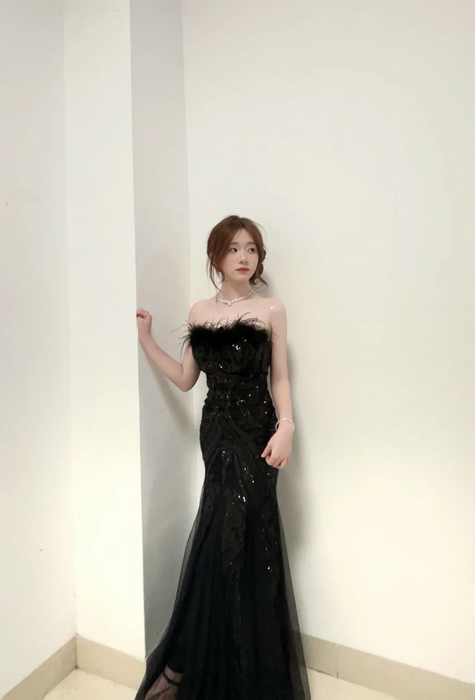 Gorgeous Black Mermaid Strapless Tulle Sequin Long Prom Dress, Party Dress, Evening Dress GG2589