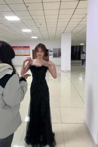 Gorgeous Black Mermaid Strapless Tulle Sequin Long Prom Dress, Party Dress, Evening Dress GG2589