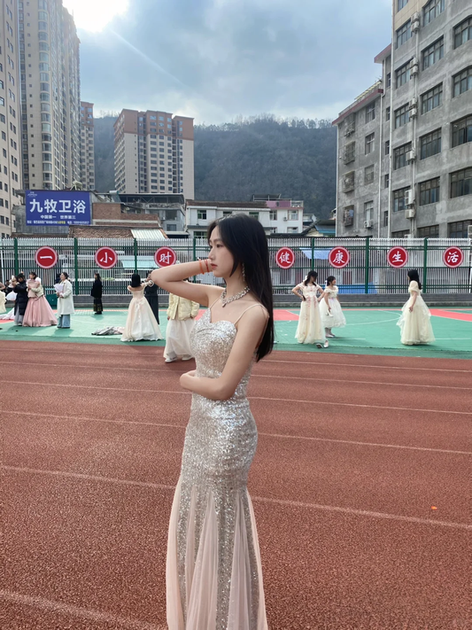 Glitter Mermaid Spaghetti Straps Tulle Sequin Long Prom Dress, Party Dress, Evening Dress GG2596