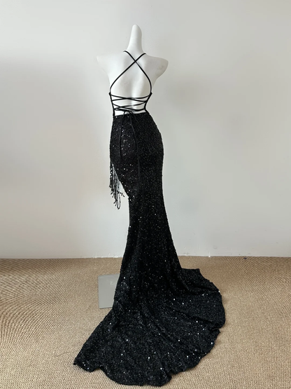 Stunning Mermaid Halter Black Satin Sequin Tassel Long Prom Dress, Party Dress, Evening Dress GG2599