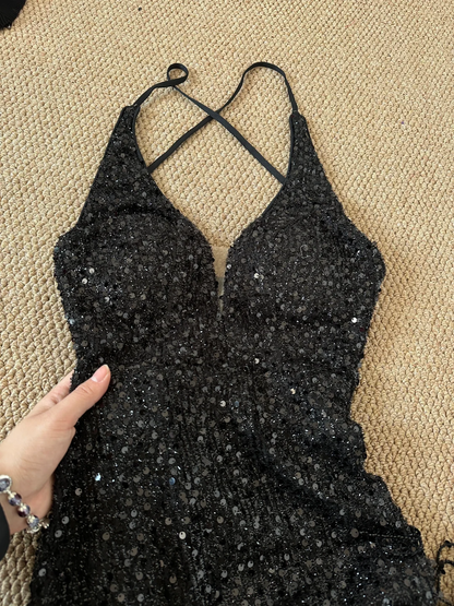 Stunning Mermaid Halter Black Satin Sequin Tassel Long Prom Dress, Party Dress, Evening Dress GG2599