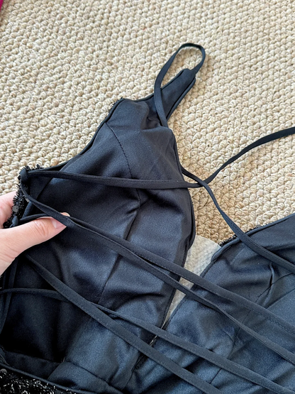 Stunning Mermaid Halter Black Satin Sequin Tassel Long Prom Dress, Party Dress, Evening Dress GG2599