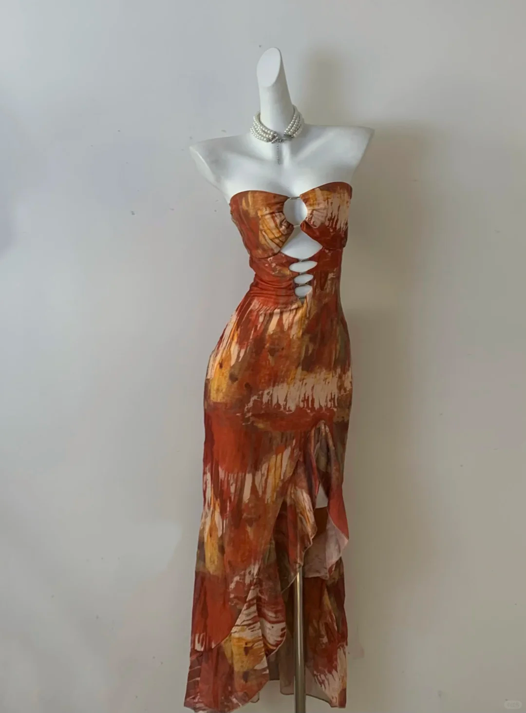 Charming Mermaid Strapless Chiffon Printing Slit Ruffles Long Prom Dress, Party Dress, Evening Dress GG2600