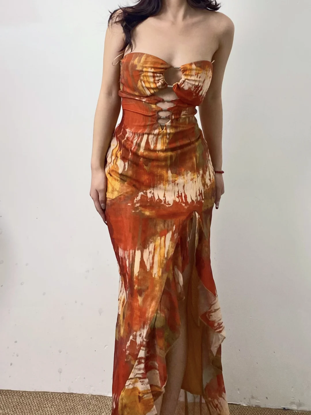 Charming Mermaid Strapless Chiffon Printing Slit Ruffles Long Prom Dress, Party Dress, Evening Dress GG2600