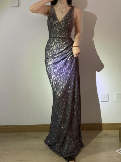 Stunning Mermaid V Neck Satin Lace Sequin Long Prom Dress, Party Dress, Evening Dress GG2601