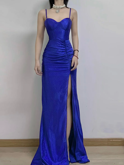 Shiny Mermaid Spaghetti Straps Royal Blue Satin Slit Sequin Long Prom Dress, Party Dress, Evening Dress GG2602
