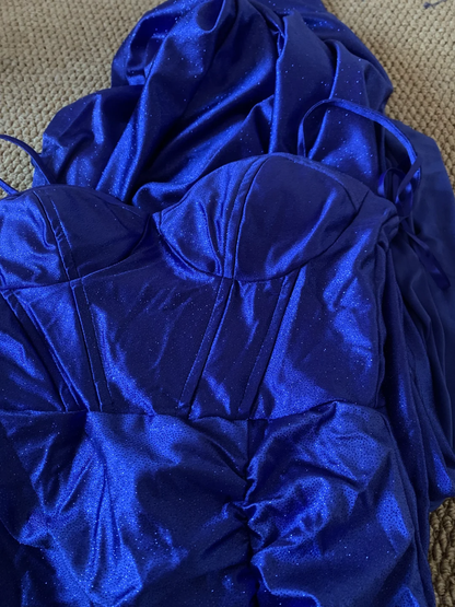 Shiny Mermaid Spaghetti Straps Royal Blue Satin Slit Sequin Long Prom Dress, Party Dress, Evening Dress GG2602