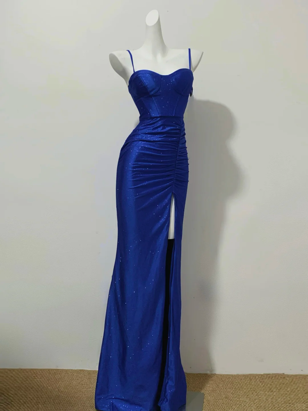 Shiny Mermaid Spaghetti Straps Royal Blue Satin Slit Sequin Long Prom Dress, Party Dress, Evening Dress GG2602