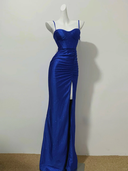 Shiny Mermaid Spaghetti Straps Royal Blue Satin Slit Sequin Long Prom Dress, Party Dress, Evening Dress GG2602