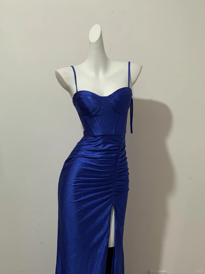 Shiny Mermaid Spaghetti Straps Royal Blue Satin Slit Sequin Long Prom Dress, Party Dress, Evening Dress GG2602