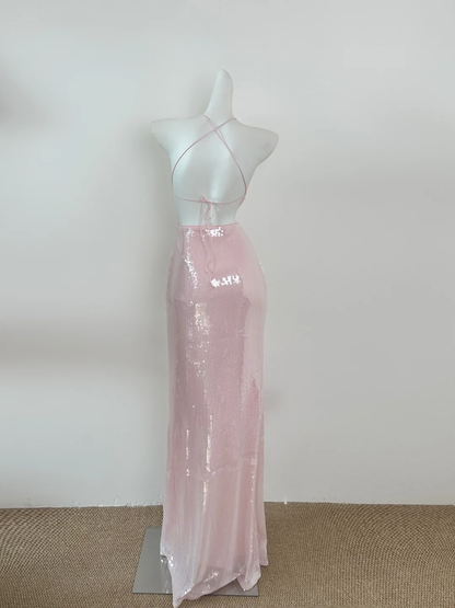 Shiny Mermaid Halter Pink Sequin Tulle Long Prom Dress, Party Dress, Evening Dress GG2603