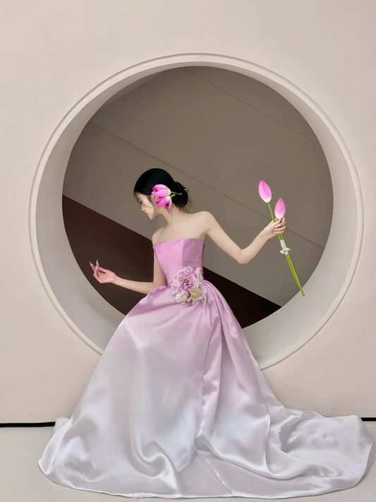 Grandient A Line Strapless Satin Flowers Long Prom Dress, Party Dress, Evening Dress GG2605