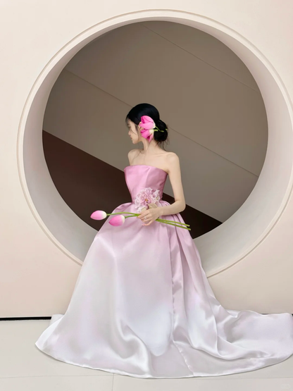 Grandient A Line Strapless Satin Flowers Long Prom Dress, Party Dress, Evening Dress GG2605