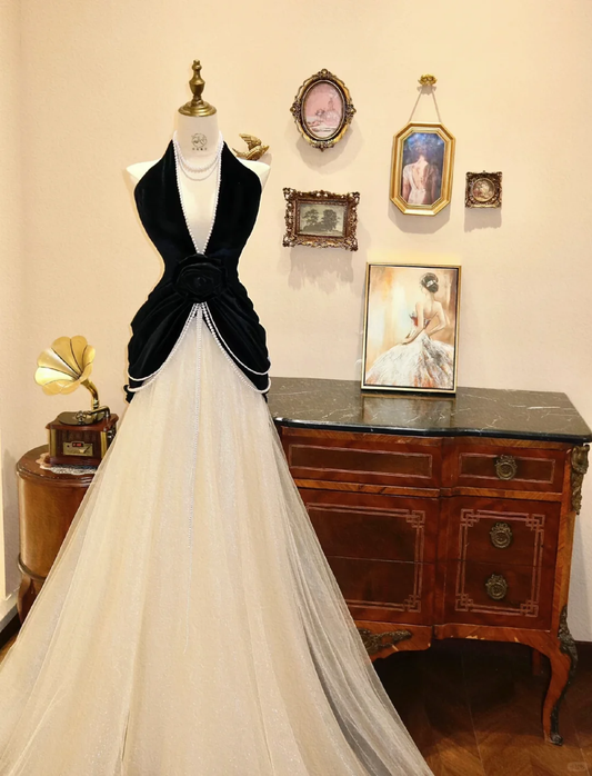 Charming A Line Halter Deep V Neck Satin Tulle Long Prom Dress, Party Dress, Evening Dress GG2608