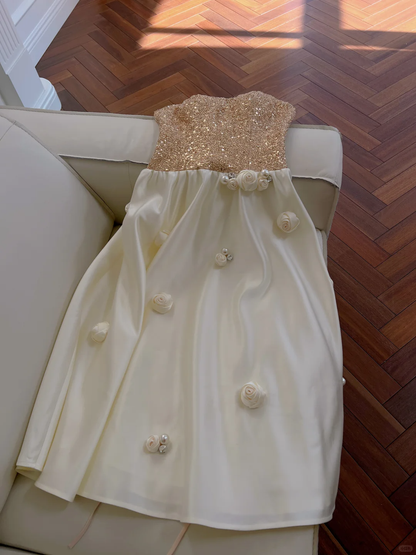 Classy A Line Strapless Satin Sequin Long Prom Dress, Party Dress, Evening Dress GG2611