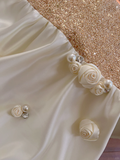 Classy A Line Strapless Satin Sequin Long Prom Dress, Party Dress, Evening Dress GG2611