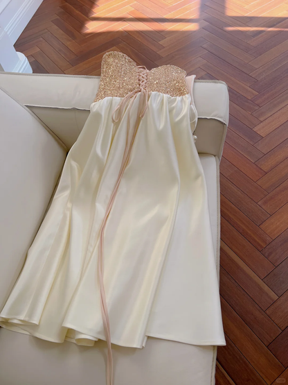 Classy A Line Strapless Satin Sequin Long Prom Dress, Party Dress, Evening Dress GG2611